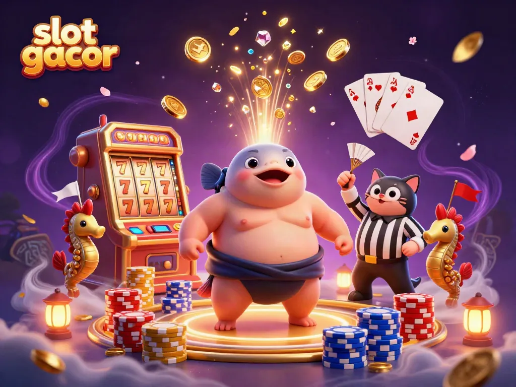 Engage in exciting slot gacor games with a festive underwater scene featuring a blowfish, referee, and sparkling treasures.