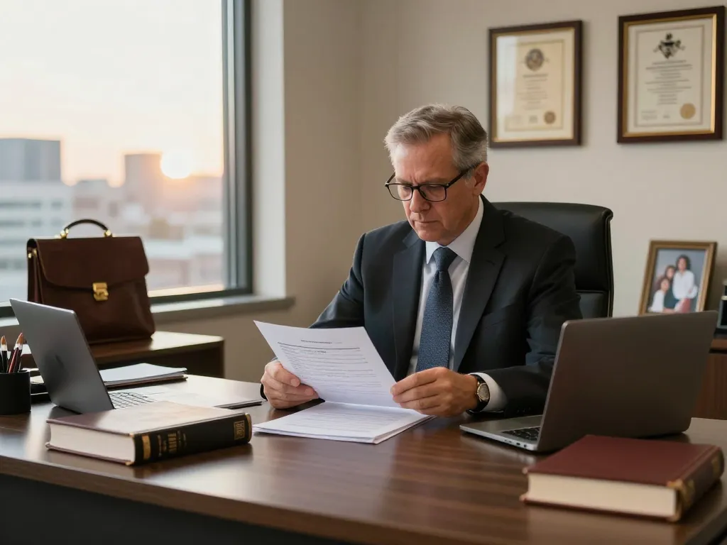 Alexandria Personal Injury Lawyer reviewing case files in a professional law office setting.