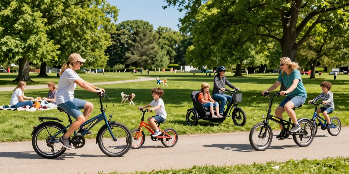 Adults and kids riding tricycles in a sunny park showcasing tricycles' versatility and joy.