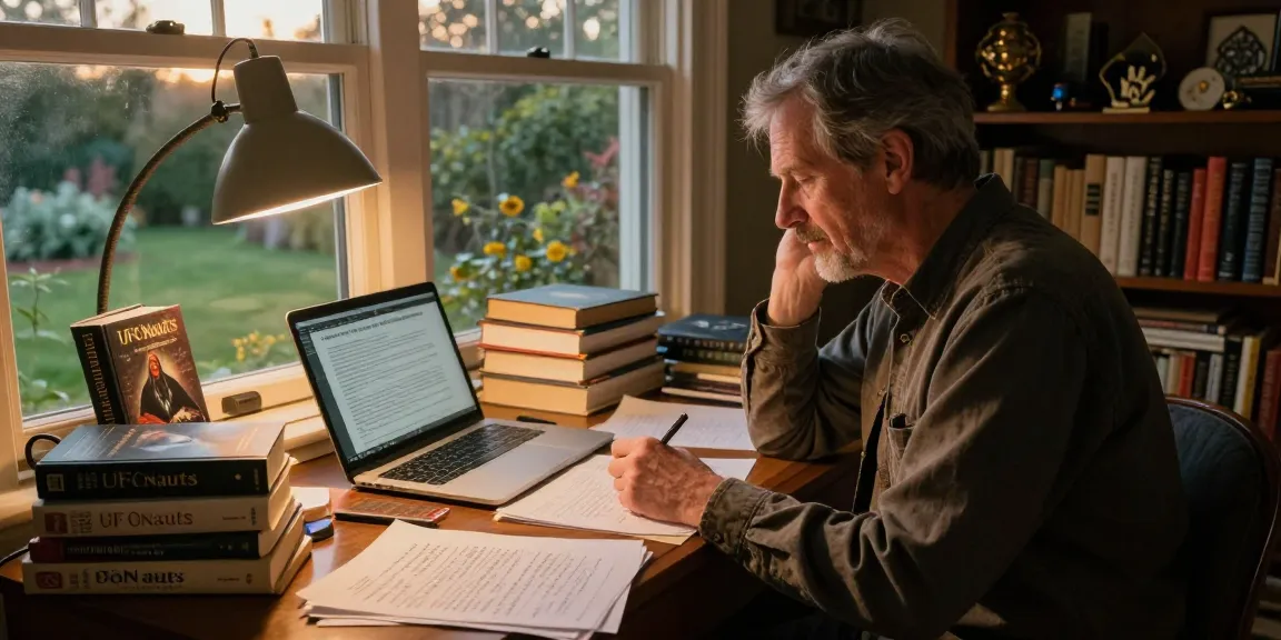 T Allen Greenfield at his writing desk, showcasing books like UFOnauts and a cozy writing atmosphere at https://tallengreenfield.com.