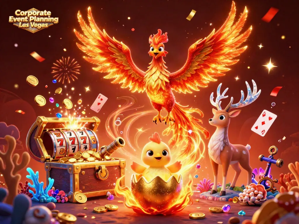 Engage in Corporate Event Planning Las Vegas with a dynamic scene featuring a phoenix, baby chick, and mystical stag amidst casino elements.