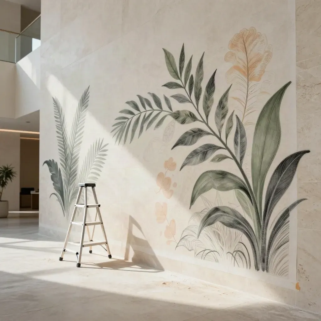 Floor-level view of a fresh chalk botanical mural on a lobby wall with ladder, tape, and drop cloth.