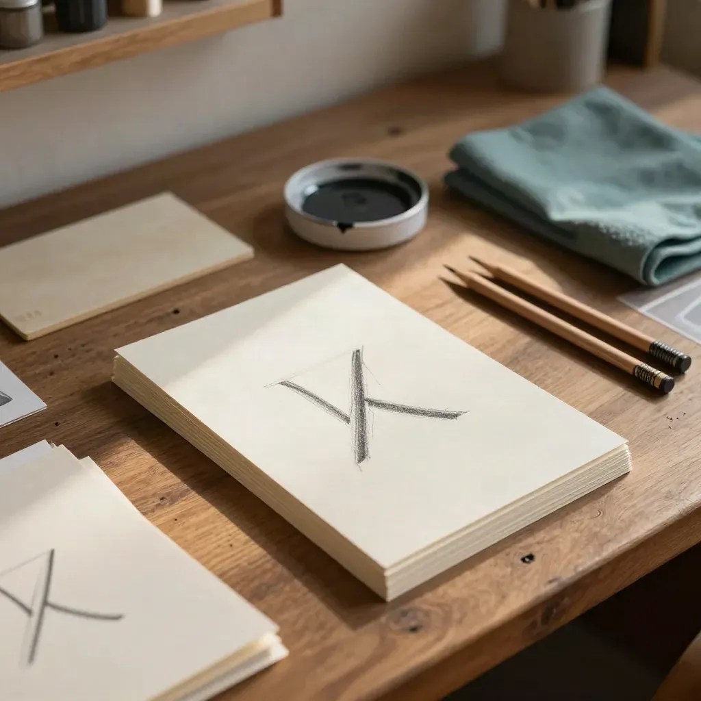Overhead studio still life of logo sketch cards, graphite pencils, ink dish, bone folder, muted teal cloth.