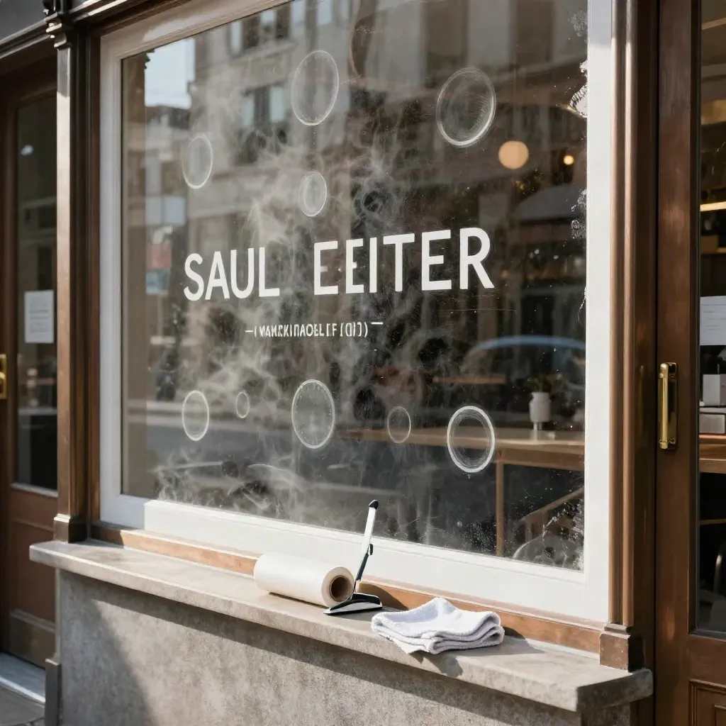 Shopfront glass with chalk-white border bands, reflections, and a corner squeegee