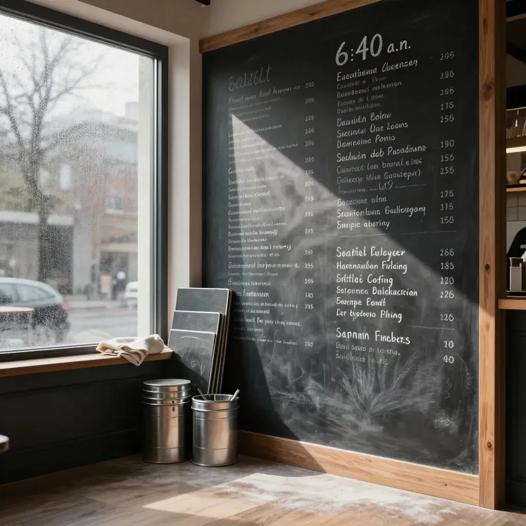 Moody studio-café chalkboard wall with lettering glass, sample panels, chalk tins and linen cloth.