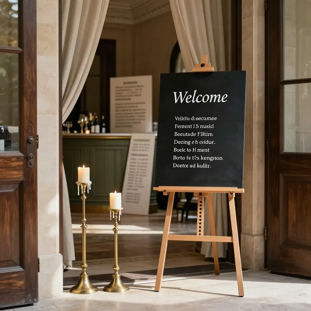 Grand foyer with a wedding welcome easel, seating board, bar panels, and candle stands.