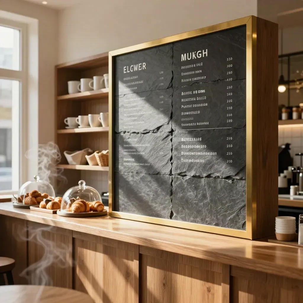 Finished café menu wall with slate panels, brass trim, wood shelves, pastry counter and morning steam.