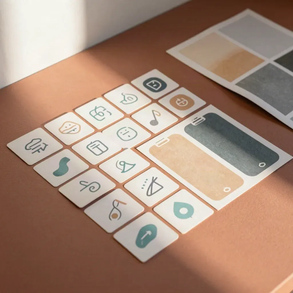 Chalk-style social graphics cards, phone mockup, and texture moodboard on terracotta plaster.