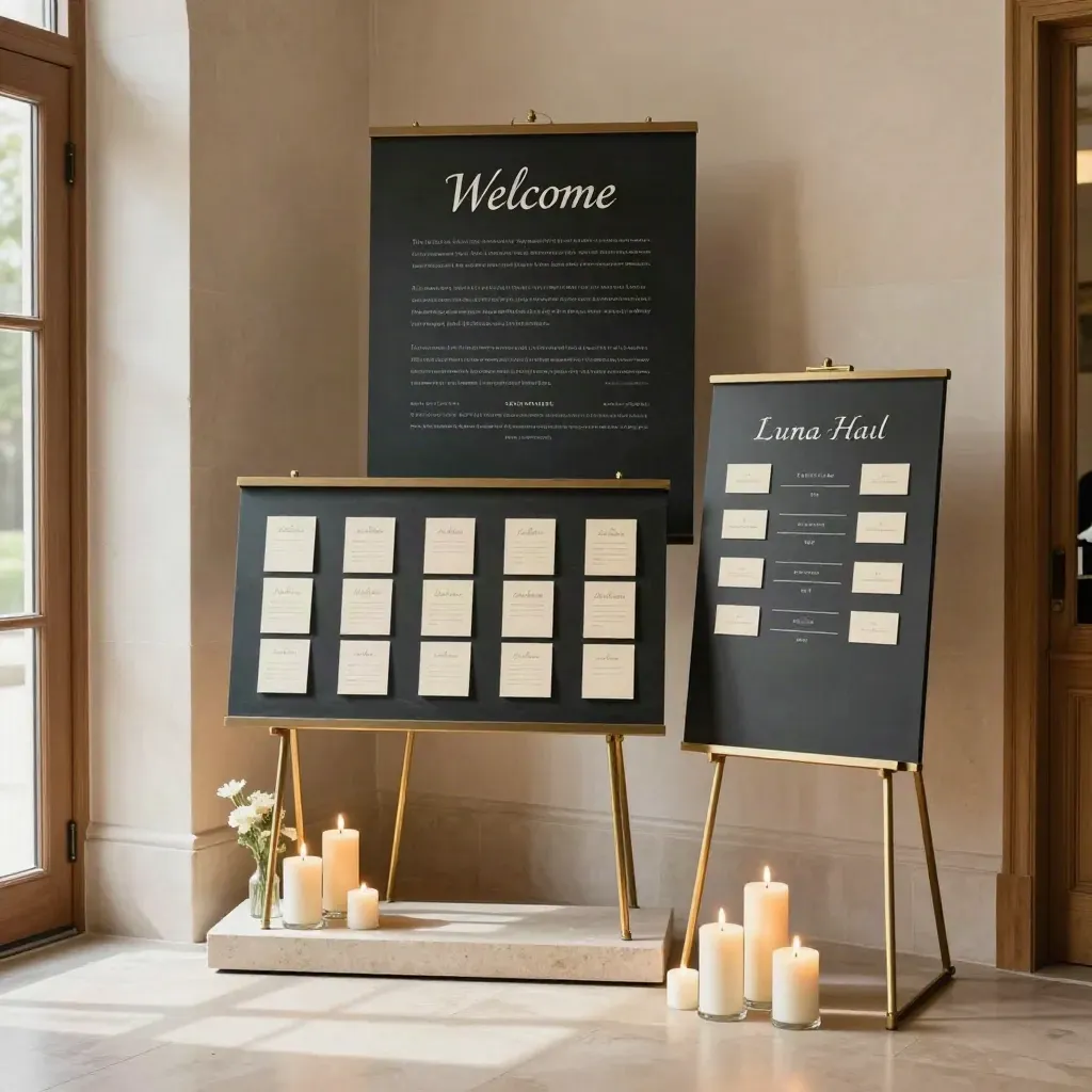 Wedding boards on easels with candles in a bright limestone foyer
