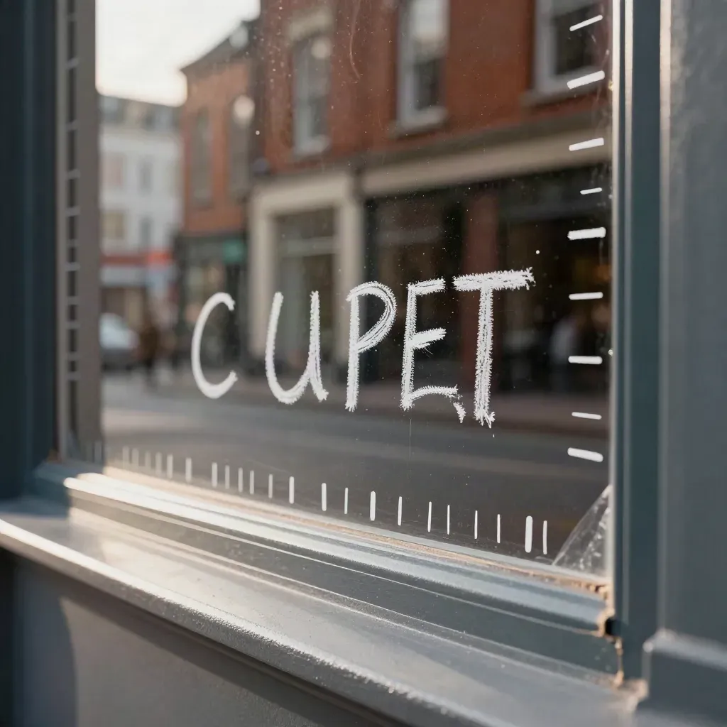 Macro of a chalk-lettered shop window with hour bands, offer markers, and brick façades reflected in glass.