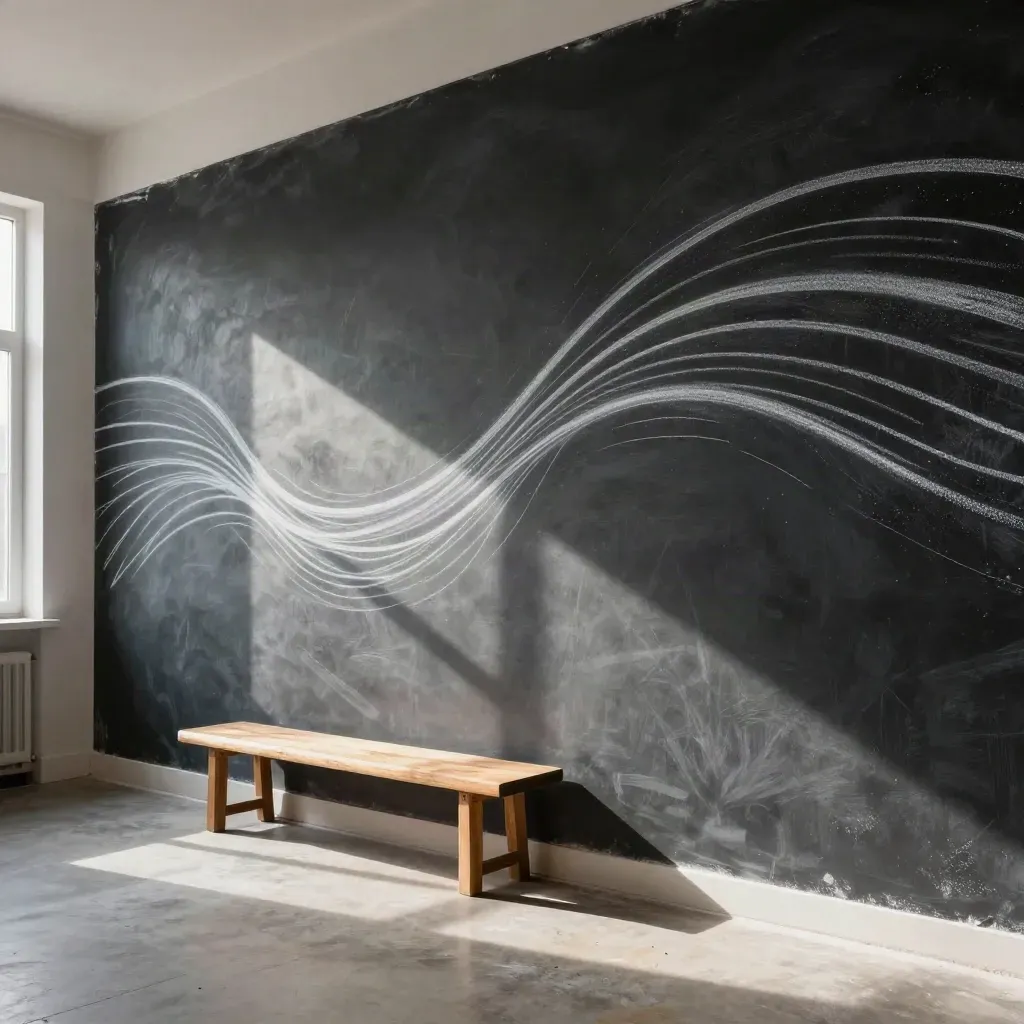 Completed chalk mural wall in a quiet studio with a bench and chalk-dusted floor.