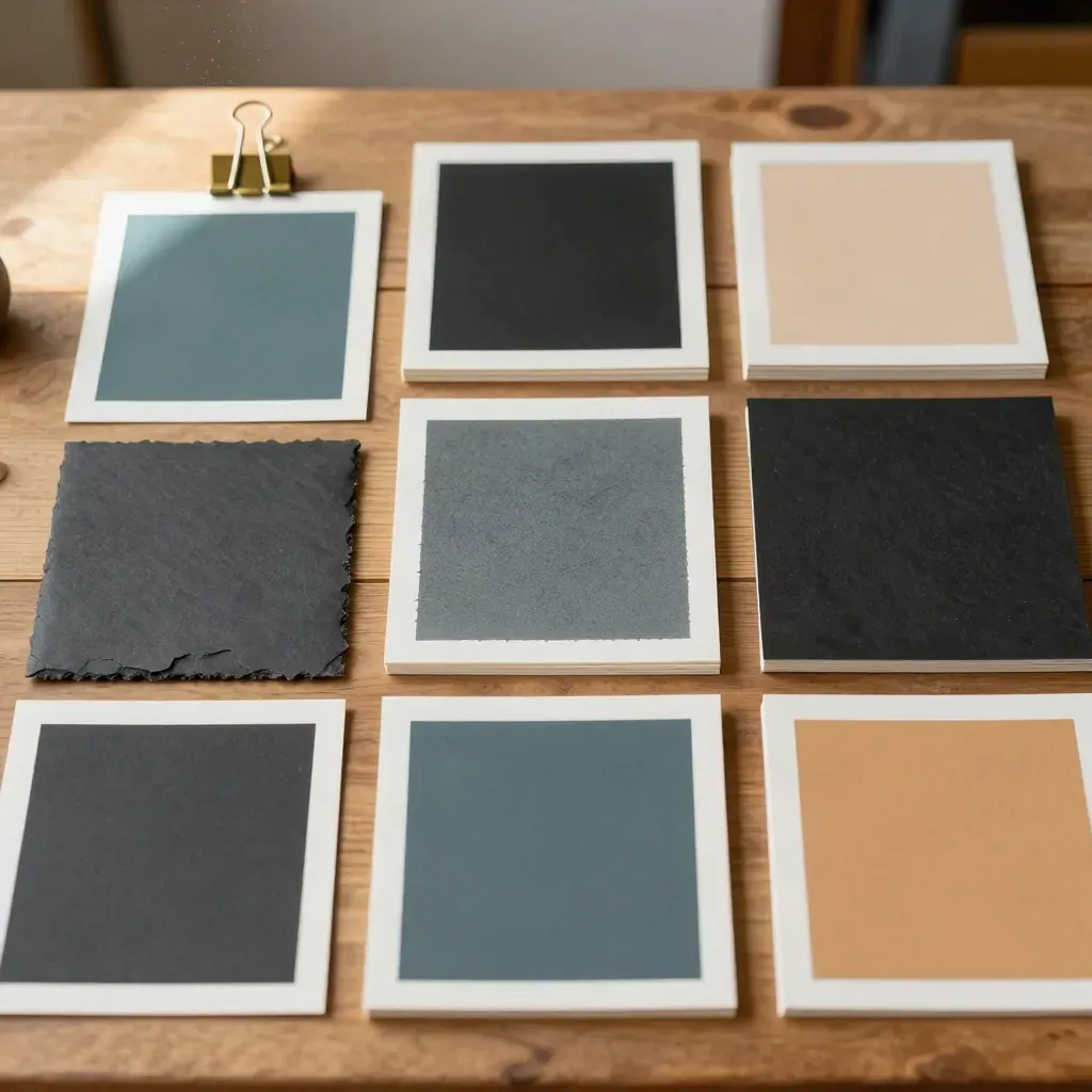 Top-down social mockup prints, texture cards, and proof sheets on a warm studio table.