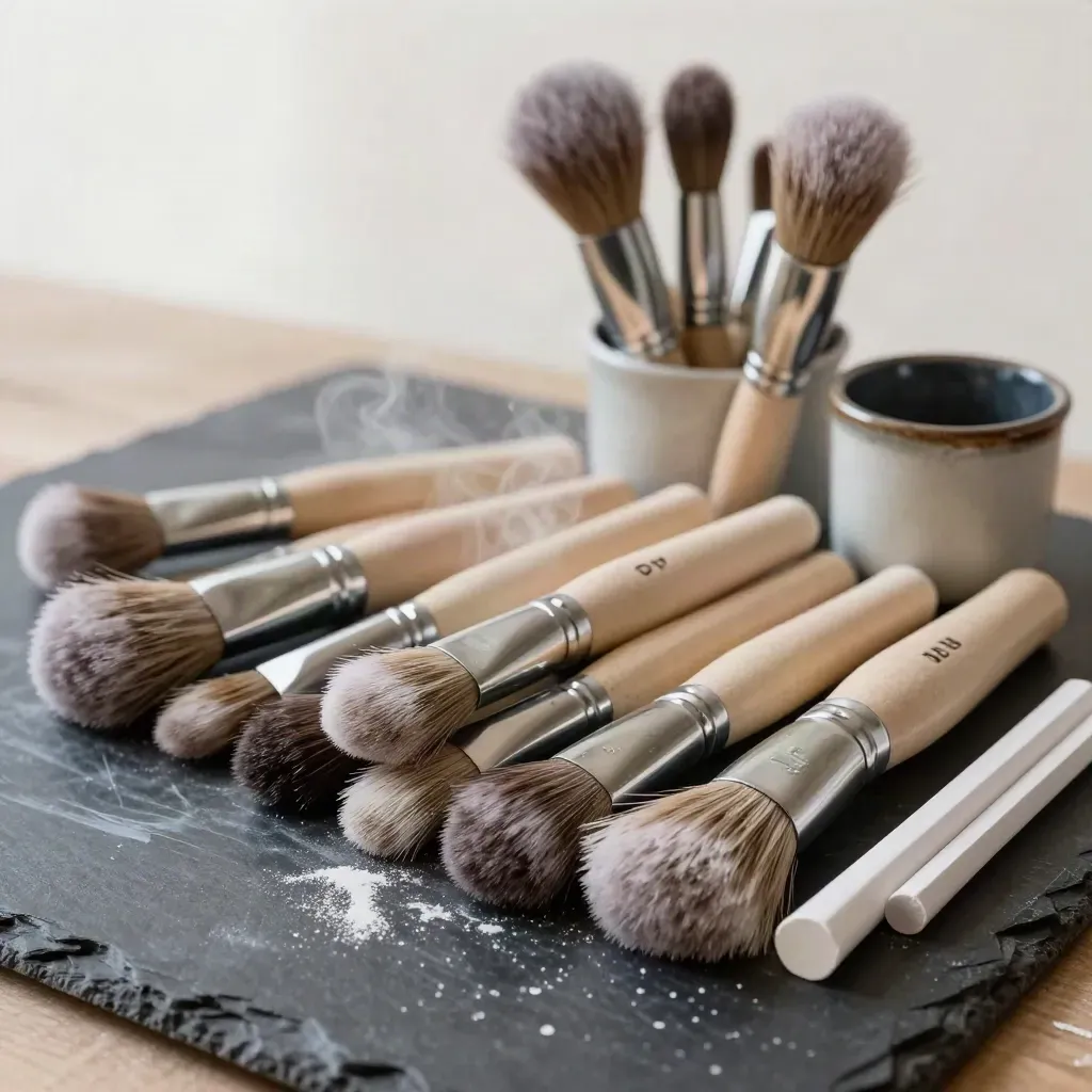 Macro of damp lettering brushes, chalk pencils and a stained ceramic rinse cup on a slate workbench.