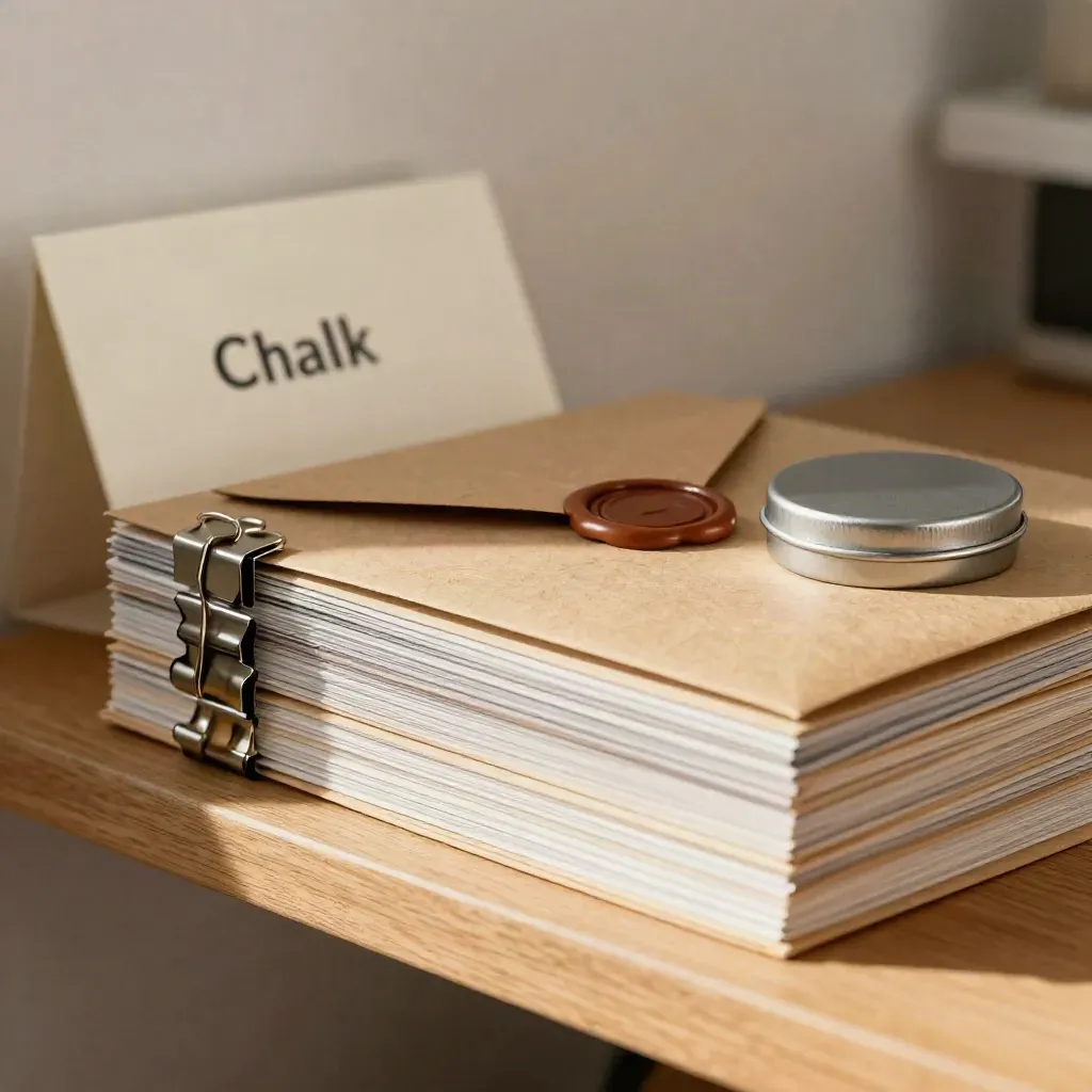 Macro of clipped sample boards, binder clips, kraft envelope, and magnet tin on a studio ledge.