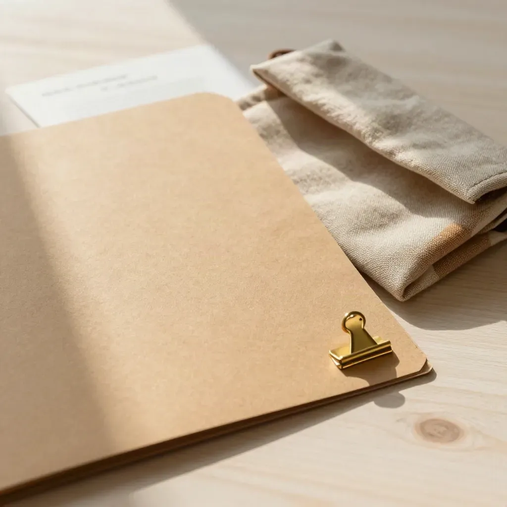 Kraft brief folder, fabric swatch pouch, and brass clip on pale wood in soft morning light