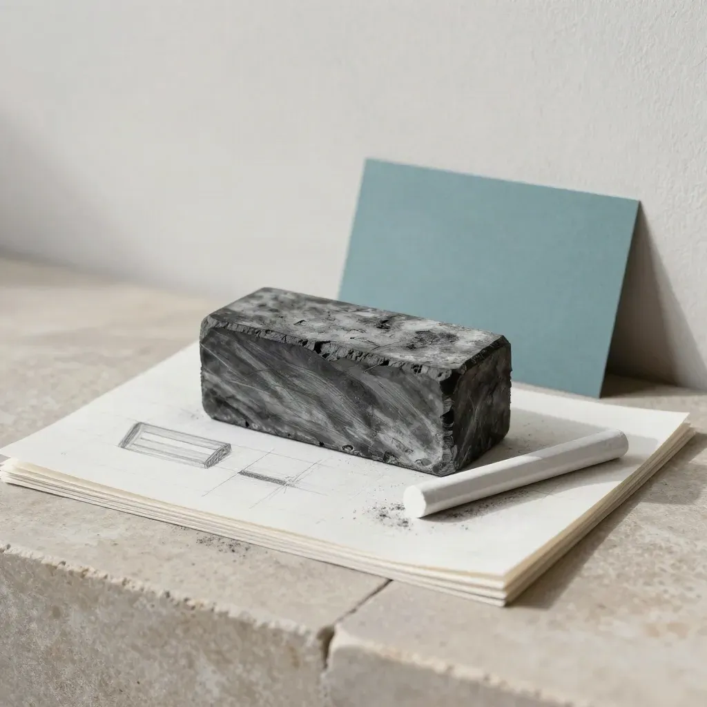 Charcoal sketch block, acetate layout sheets and chalk pencil on stone with soft daylight.