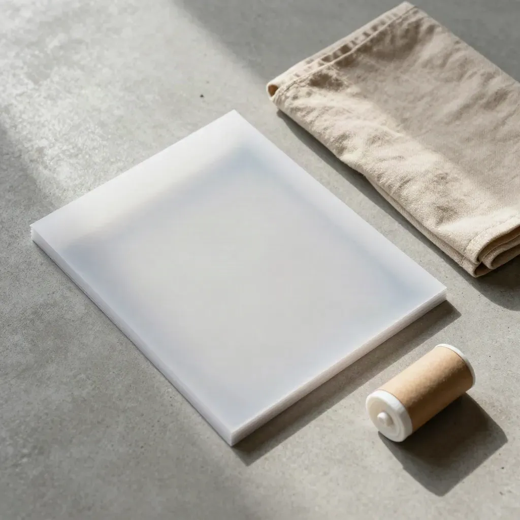 Overhead flatlay of a sealed print sleeve, board corners, cloth and tube cap on concrete.