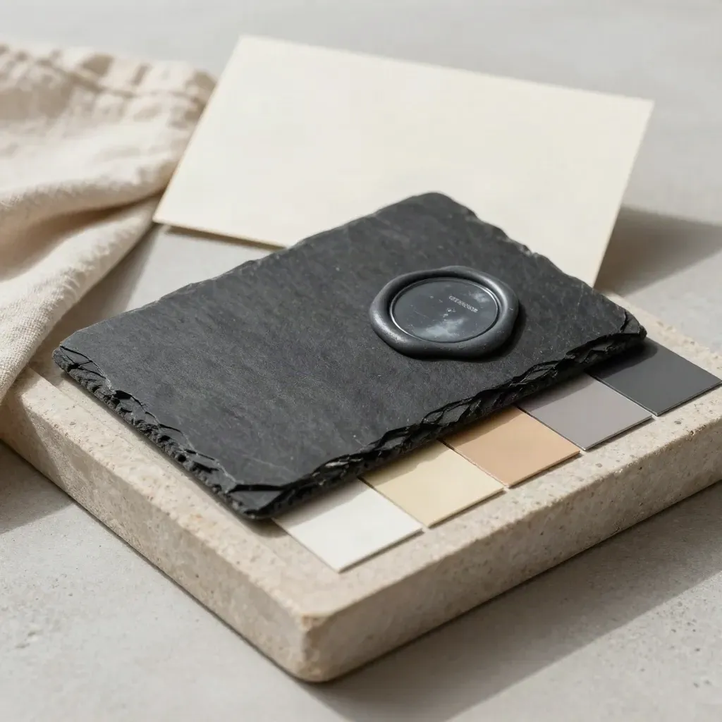 Stone tray with sample chip, wax seal puck, and clipped color swatches on linen