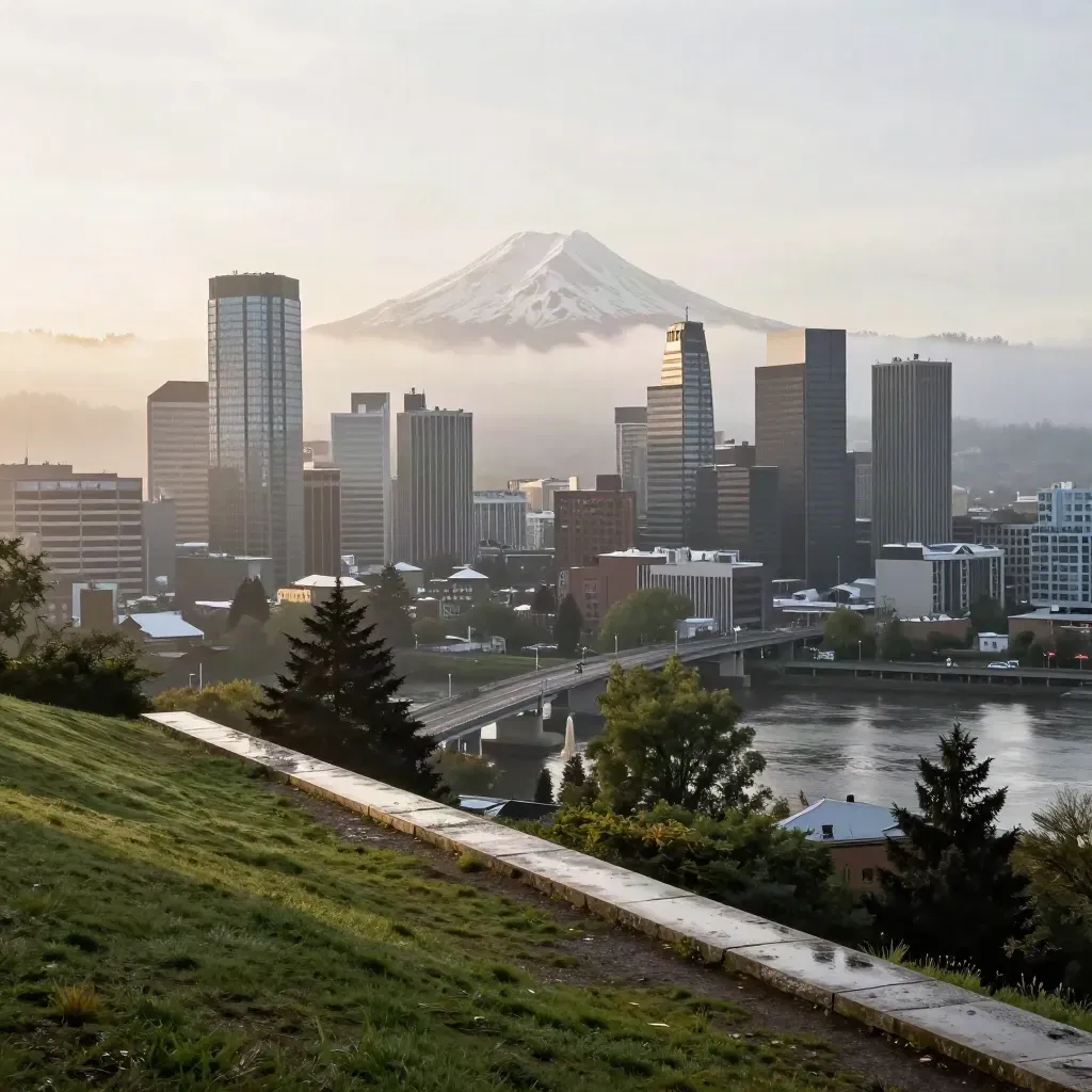 Mount Hood above Portland skyline in sunrise haze with wet cedar hills and soft mist