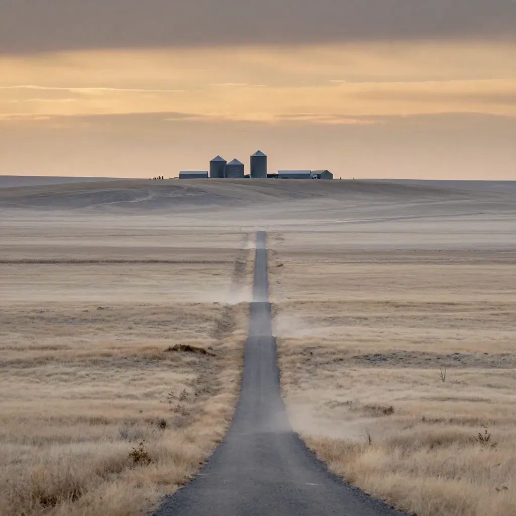 Hazy plains with a service road and distant grain silos under a dusk cloud deck