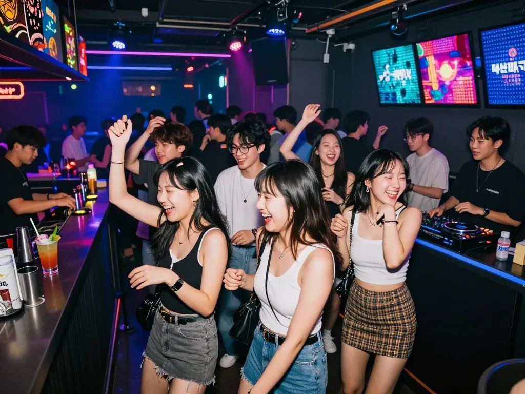 Experience the vibrant nightlife of 부산비비기 with friends dancing and enjoying neon-lit atmosphere at a trendy club.