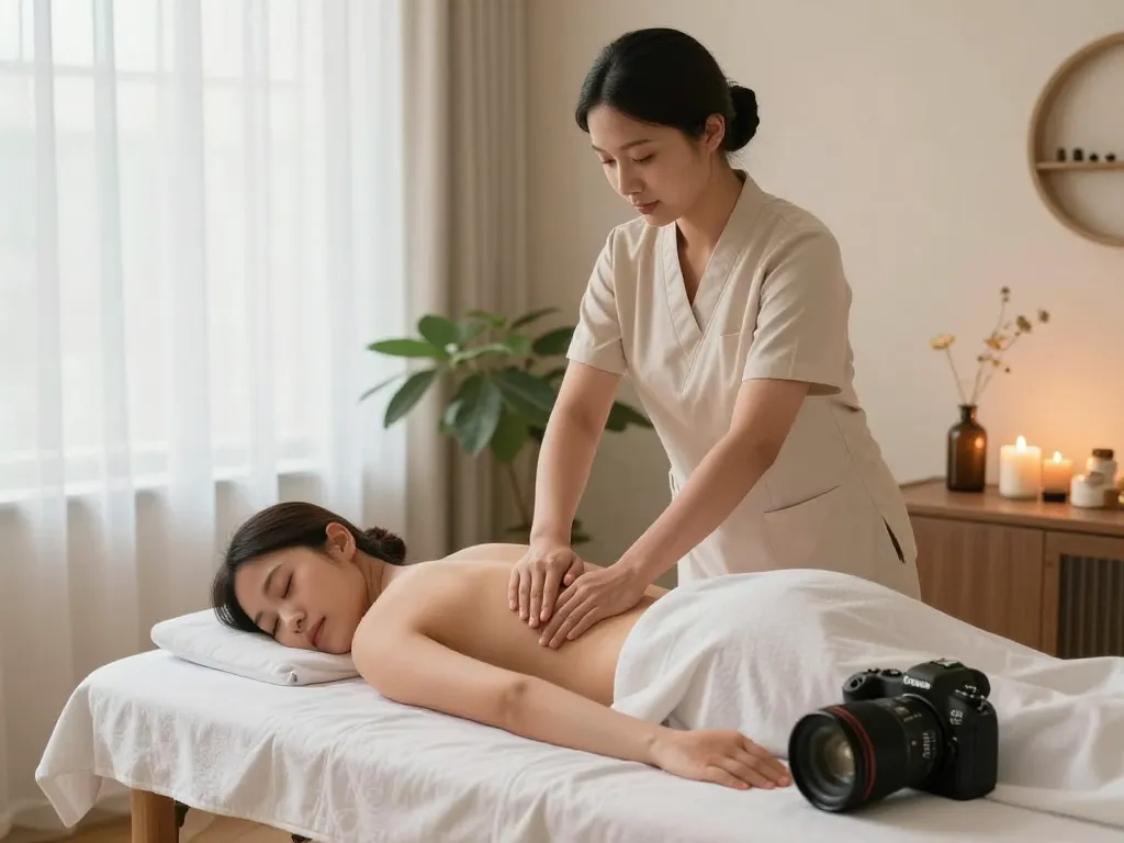 Massage therapy session in a serene spa room with calming ambiance and essential oils.