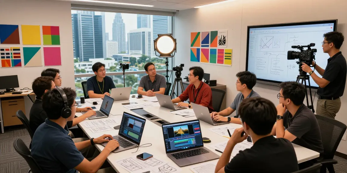Singapore Corporate Video Production team collaborating on creative projects in a modern studio with skyline views.