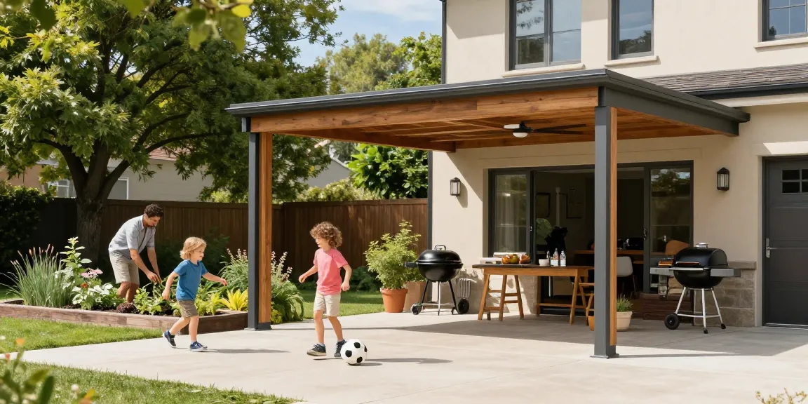 Moderner Carport in einem Wohnumfeld, umgeben von einer Familie, die an einem sonnigen Tag im Garten spielt.