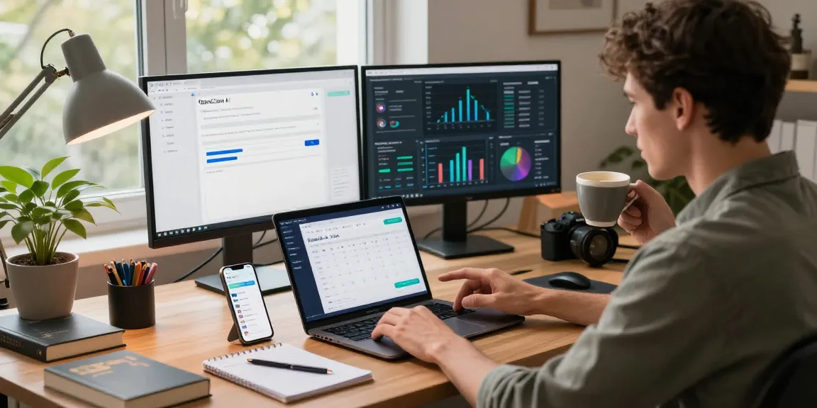 A professional utilizing OpenClaw AI in a modern home office, managing tasks with dual monitors and creative workspace.