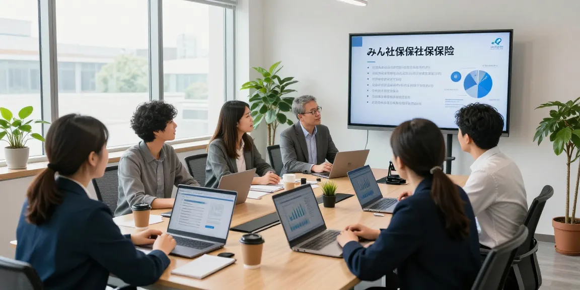 明るいオフィス会議で みん社保のオプションについて話し合う小規模ビジネスオーナーたち。