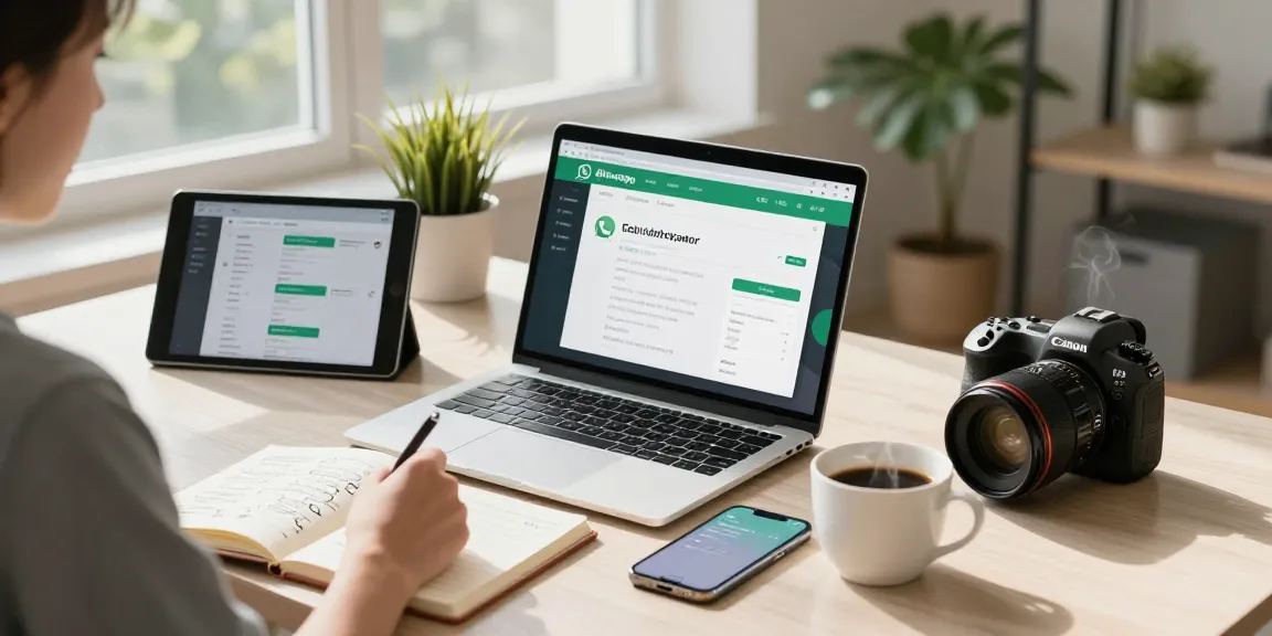 User interacting with WhatsApp網頁版 on a laptop in a modern home office setting.