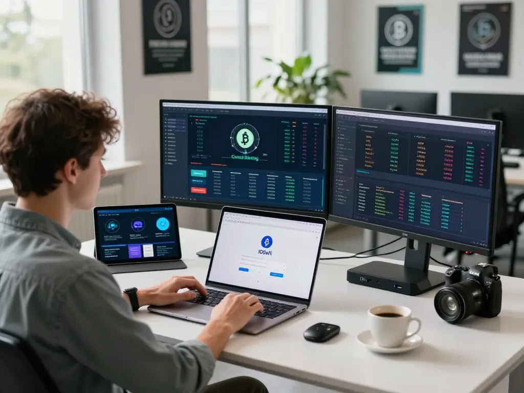 Secure IODeFi login workspace with real-time crypto analytics and modern tech setup.