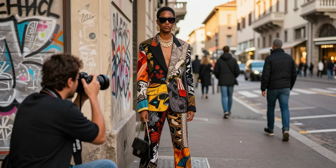 Session photo avec un photographe de mode à Milan, modèle en tenue stylée sur fond urbain.