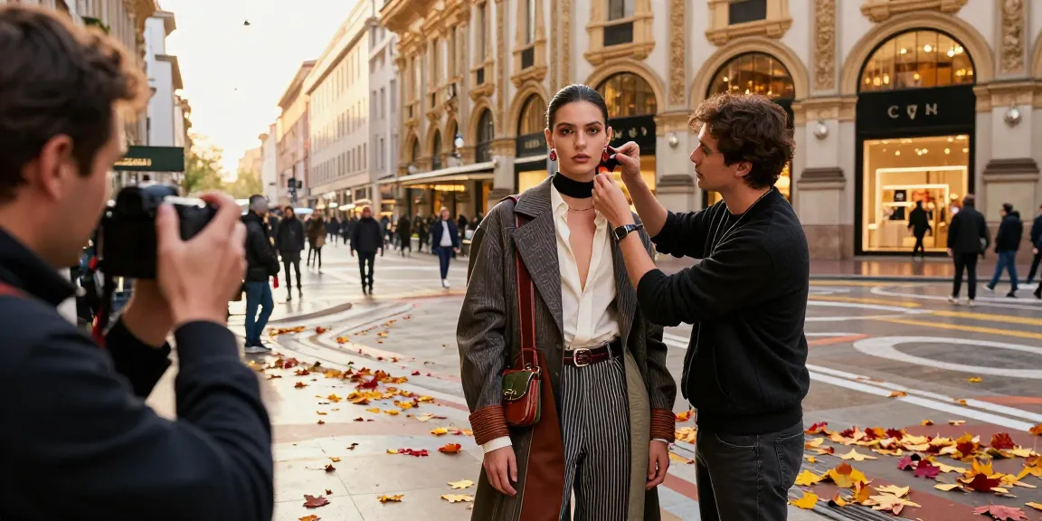 Fotografo moda Milano: sessione fotografica di moda con modello e stilista all'imbrunire.