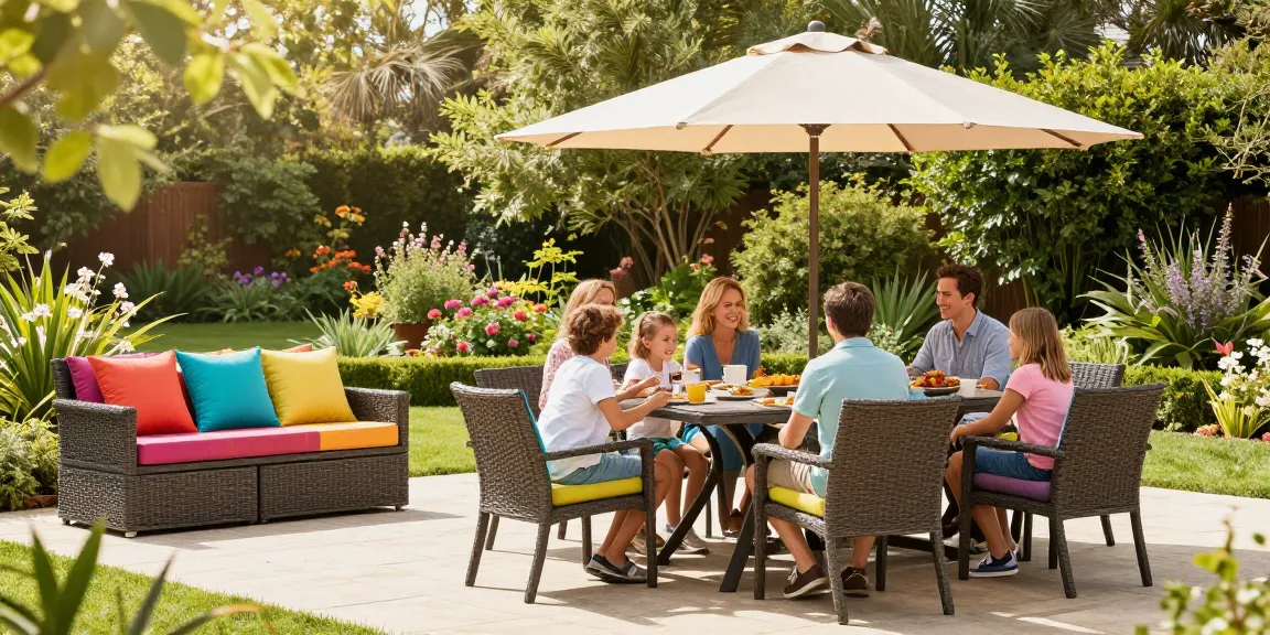 Outdoor family gathering around stylish patio furniture sets highlighting the Camden Dining Set and vibrant cushions.