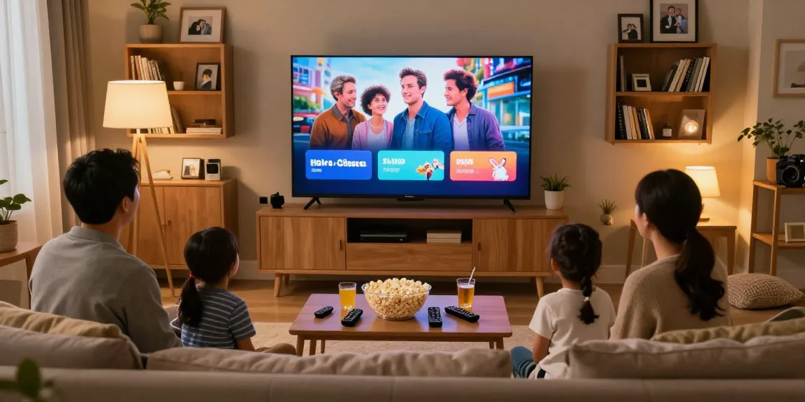 Family enjoying Iron TV streaming services in a cozy living room setting, featuring a smart TV displaying a movie.