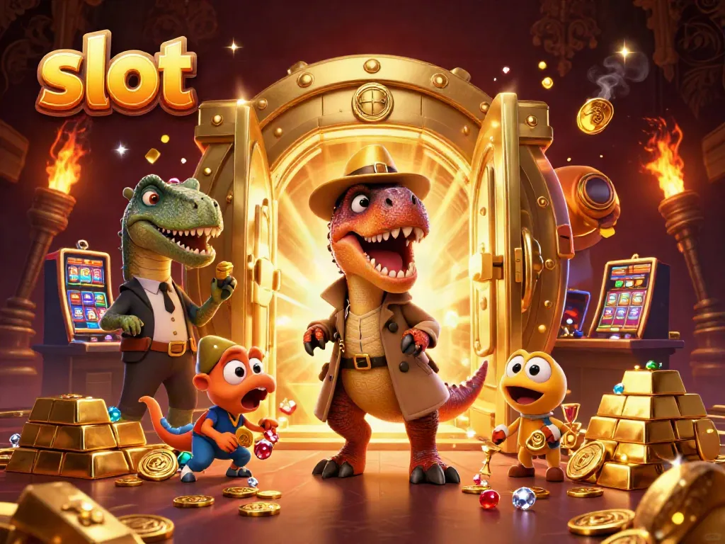 Memainkan slot dengan velociraptor dan stegosaurus di kasino, berlatar kilauan harta karun.