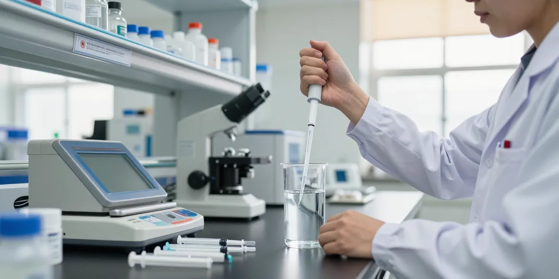 Sterile water for injection being precisely measured by a lab technician in a healthcare lab.