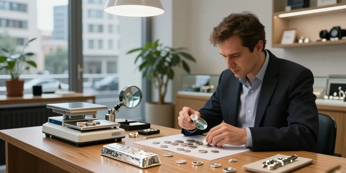 Achat argent Bruxelles : expert évaluant des pièces en argent et des bijoux dans un bureau moderne.
