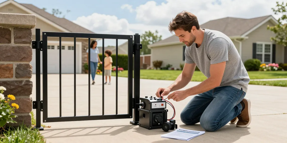 Mighty Mule gate opener troubleshooting in a suburban driveway, homeowner inspecting control panel with tools.