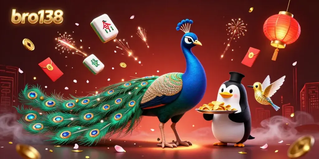 Spin and win with bro138, featuring an aristocratic peacock and glowing lanterns in a vibrant casino scene.