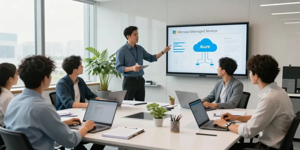 Team collaborating on Microsoft Azure Managed Services in modern office, discussing cloud solutions.