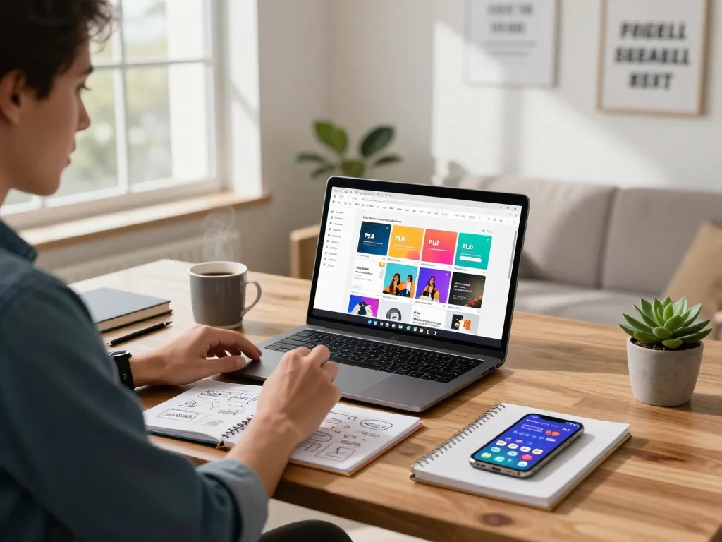 Purchase PLR Content while working in a modern home office with vibrant samples and productivity tools.