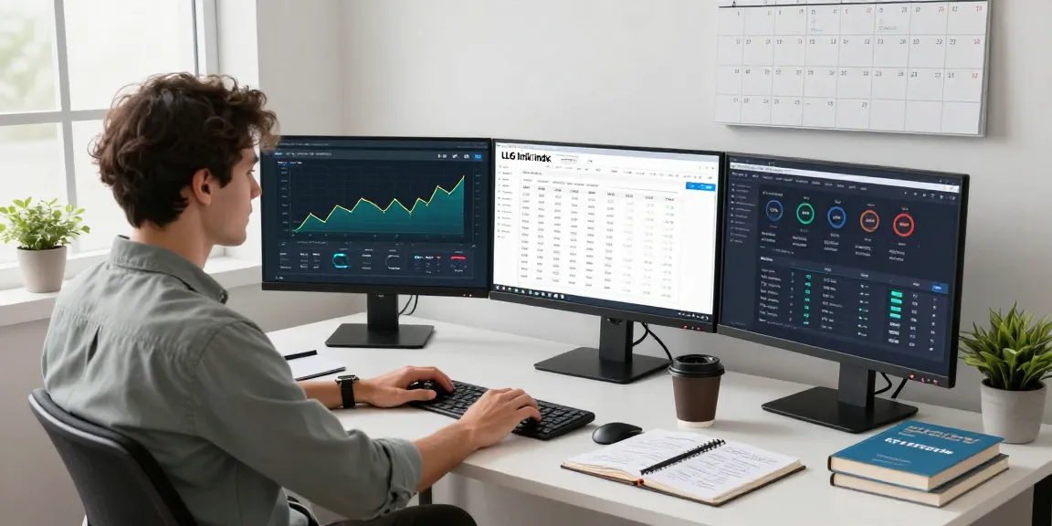 SEO analyst reviewing LLG link indx services data in a bright digital marketing workspace.
