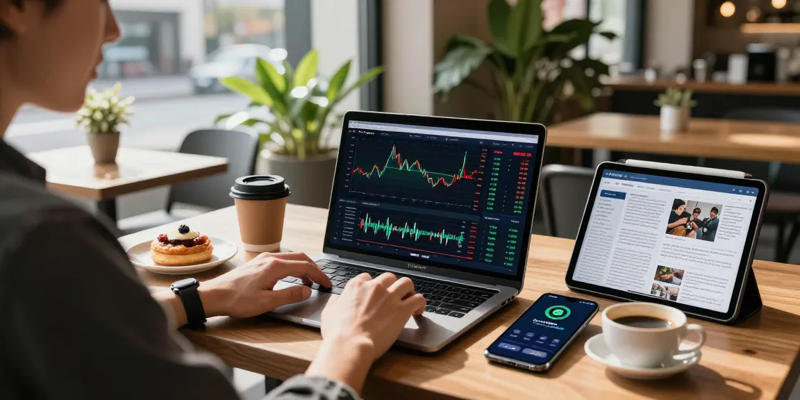 Cricbet trading workspace in a modern coffee shop featuring crypto market data.
