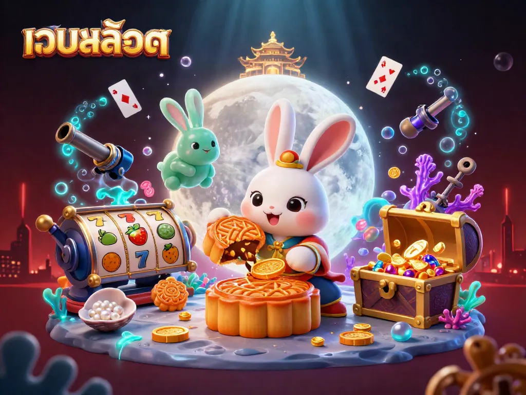 เล่นสล็อตในภาพประกอบ 3D ที่มีกระต่ายพระจันทร์และสล็อตรีลอย่างมีชีวิตชีวา