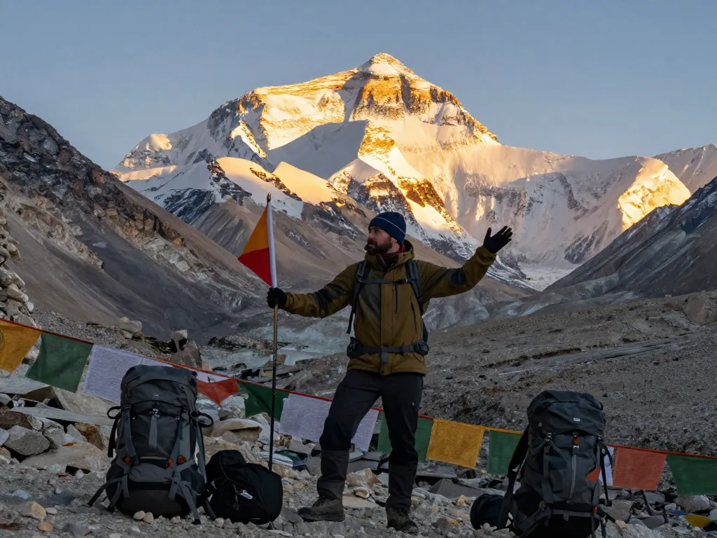 Traveler celebrating at Everest Base Camp during sunrise, showcasing the majestic Himalayas and Mount Everest.