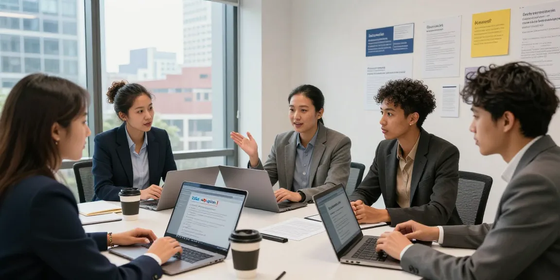 Collaborative job seekers discussing strategies for google jobs in a modern office atmosphere.