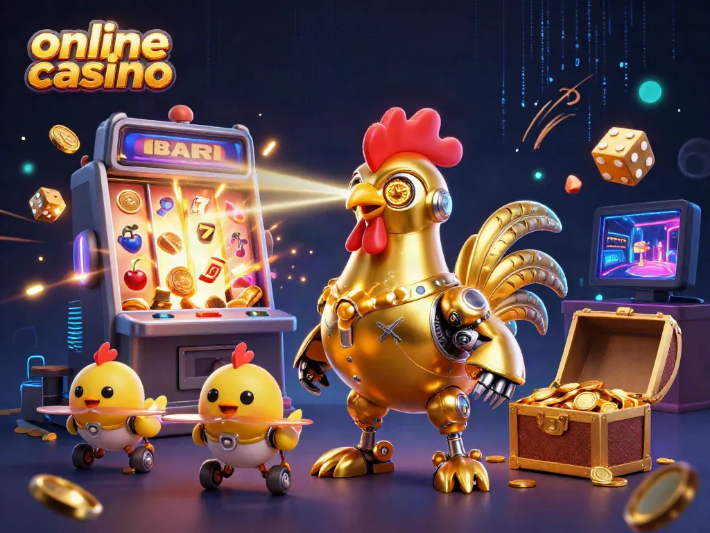 Play in an online casino with a vibrant scene featuring a golden rooster robot and explosive slots.