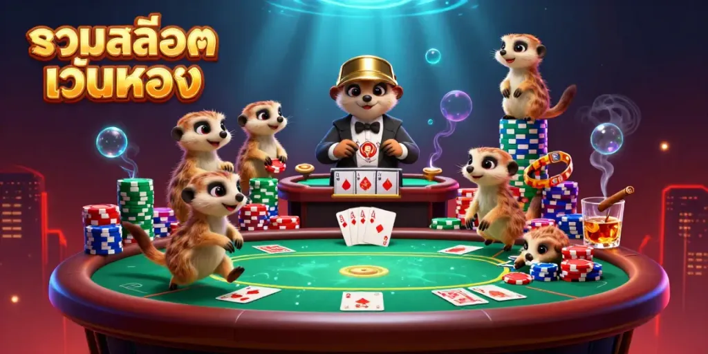 Cute meerkats running an elaborate casino in a dynamic illustration, showcasing รวมสล็อตเว็บตรง.